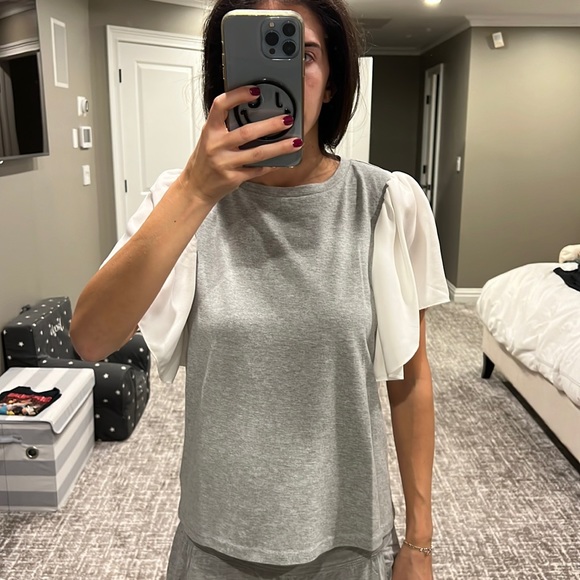 Ontwelfth Grey Cotton Tee with White Chiffon Flutter Sleeves - Picture 2 of 5